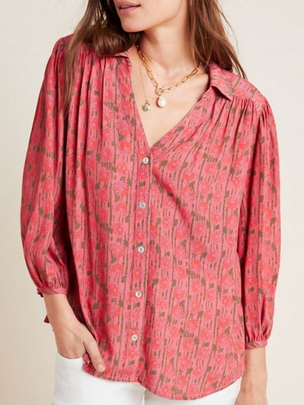 Porridge by Anthropologie Kat Buttondown Blouse Raspberry Pink Size M Women's